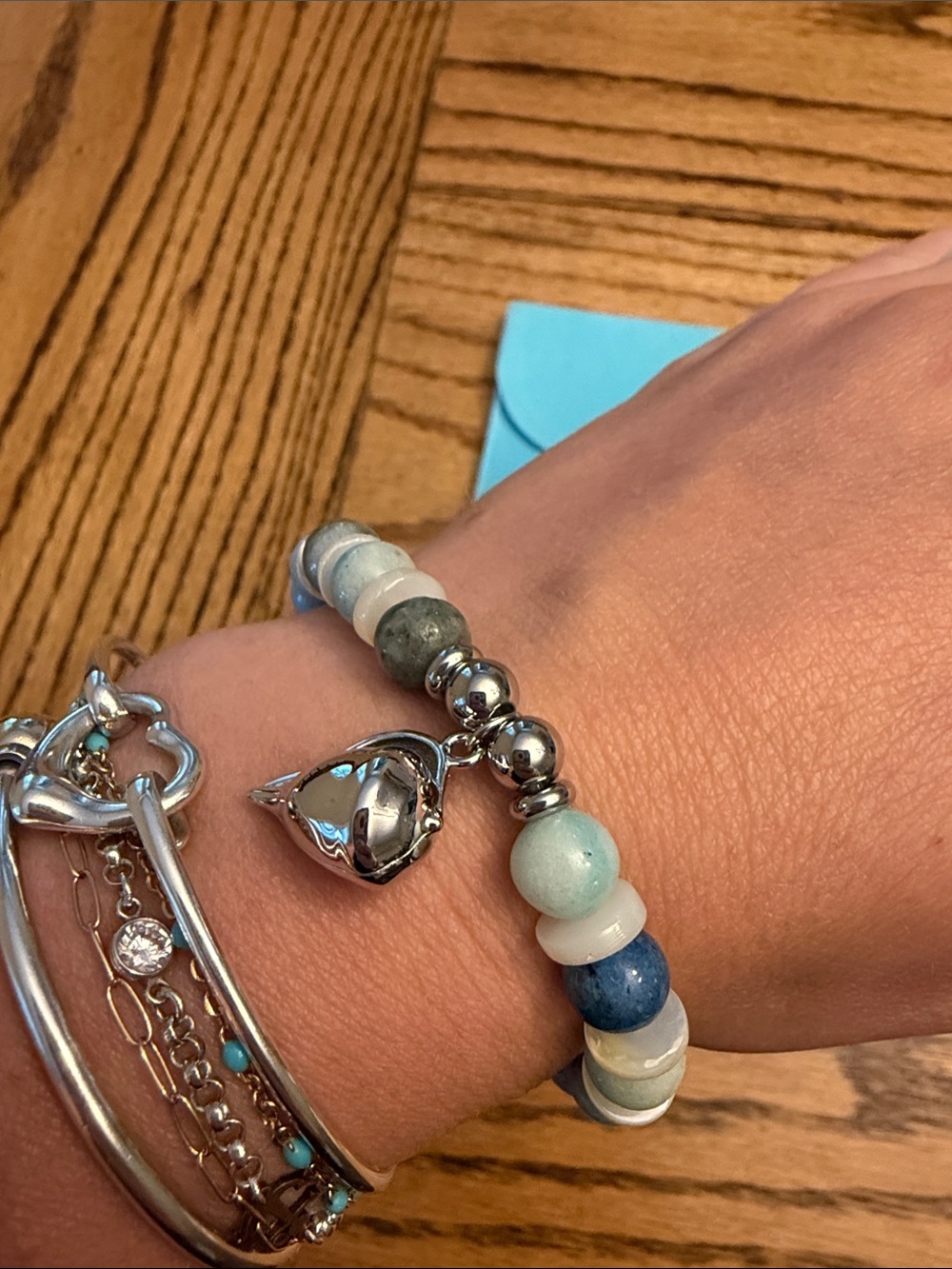 NWT - T. Jazelle light blue beaded bracelet with silver shell charm.